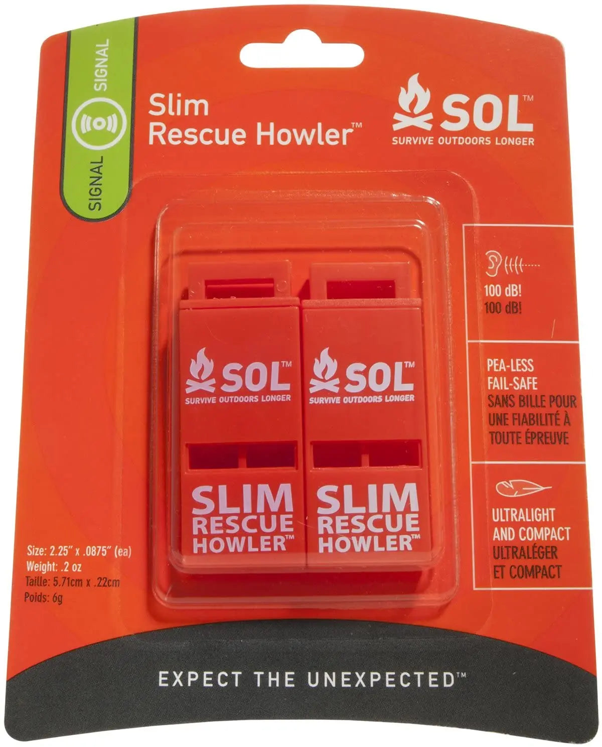 SOL (SURVIVE OUTDOORS LONGER) SLIM RESCUE HOWLER WHISTLE, 2/PACK - First Aid Market